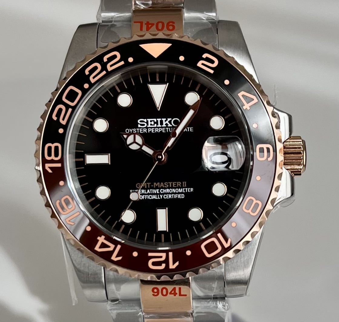 1円スタート☆SEIKO NH35搭載 GMT-MASTER2 MOD ローズゴールド カフェ