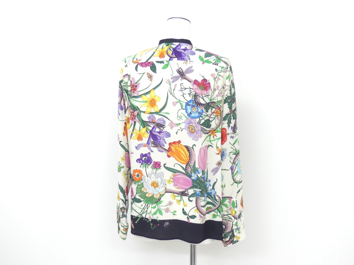 GUCCI フローラスネークプリントブラウス 42 S~M位 ホワイトMIX(長袖  