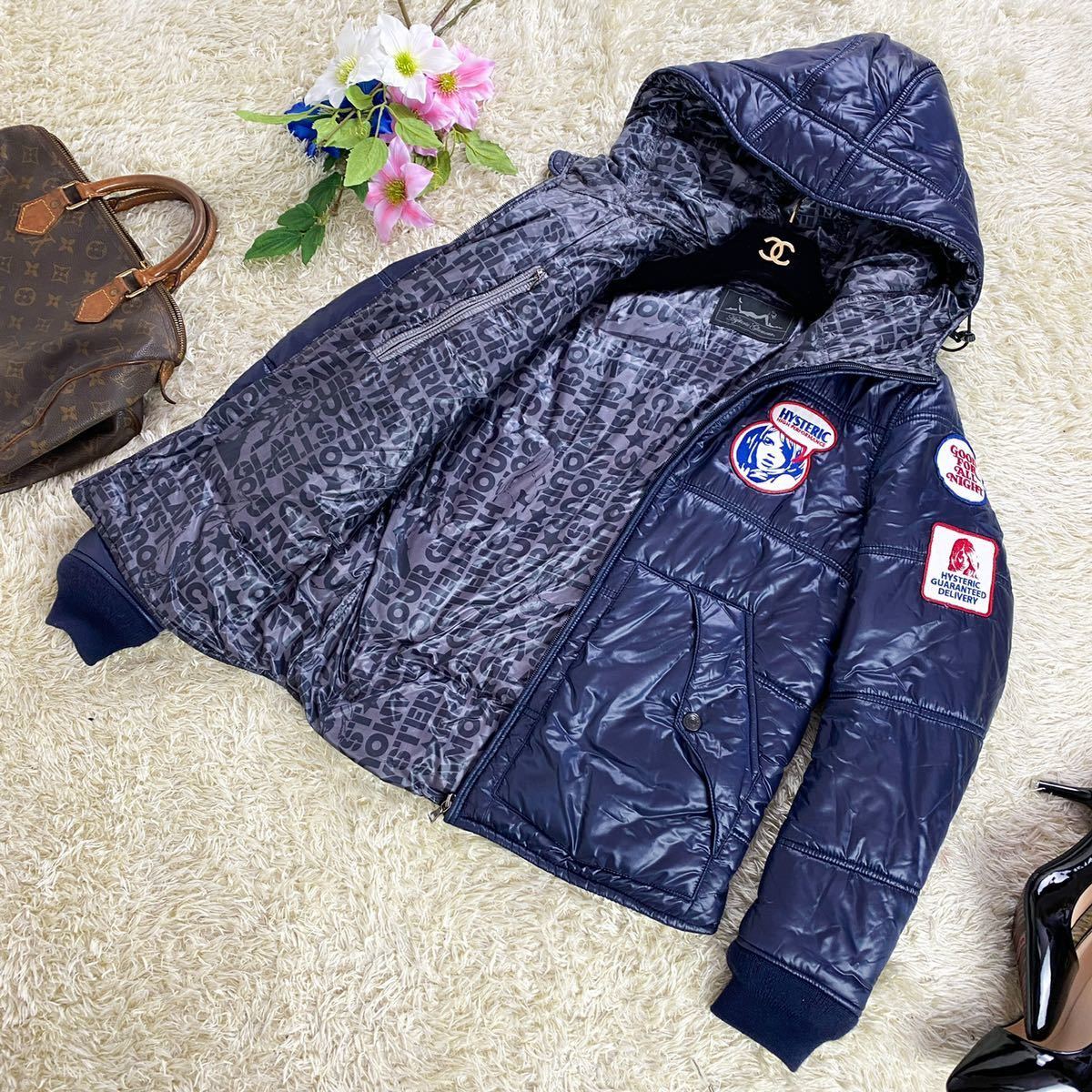 1円～【極上品】ヒステリックグラマー HYSTERIC GLAMOUR ジャケット ブルゾン ナイロン タフタワッペン付 刺繍 フーデット 紺 ネイビー