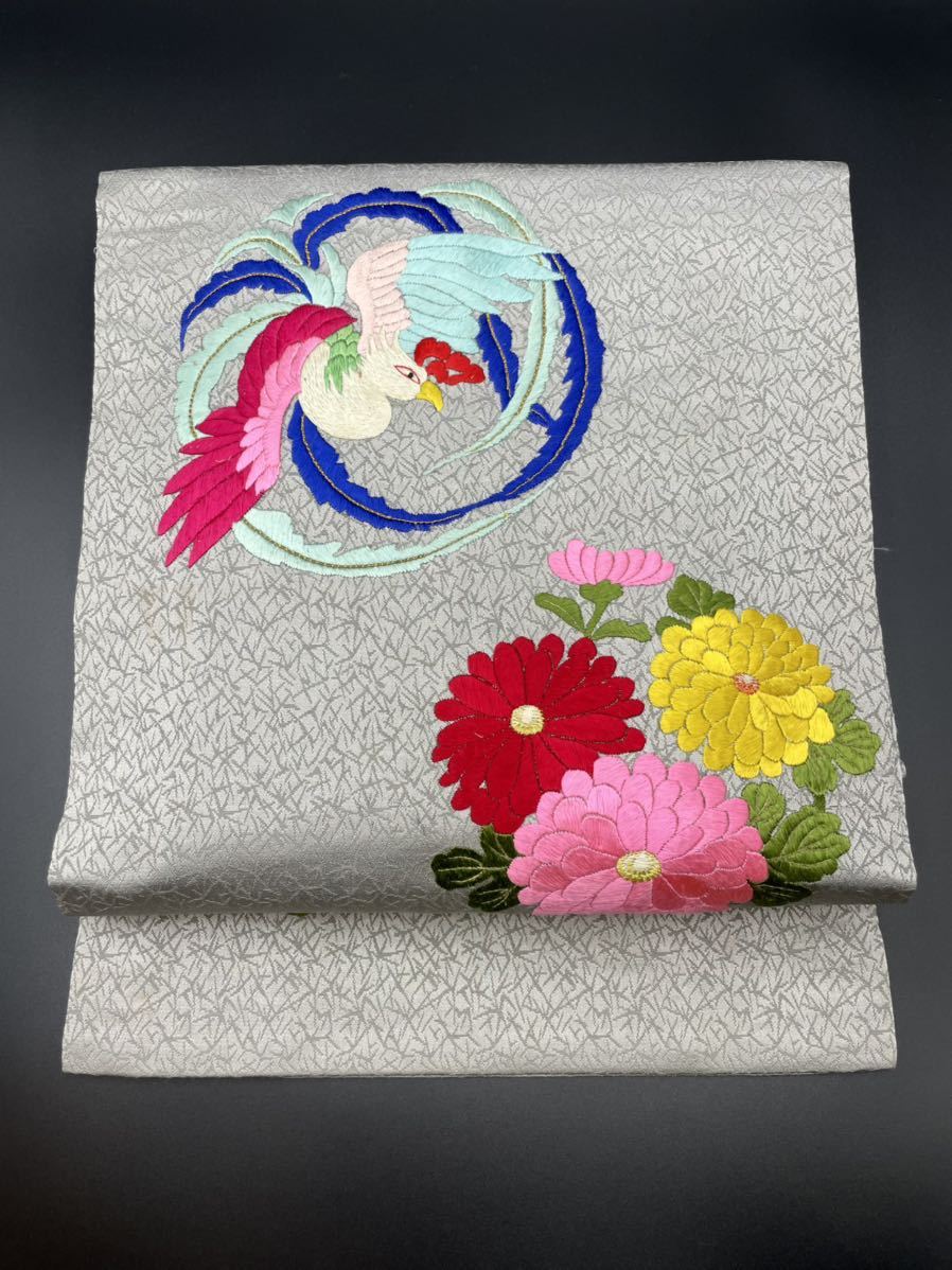 アンティーク着物◇手刺繍 菊に鳳凰 シルバーグレー 大正ロマン 日本