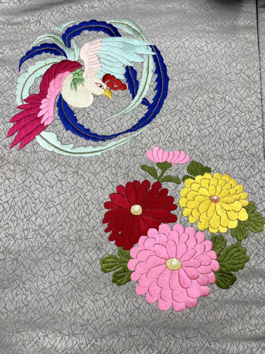アンティーク着物◇手刺繍 菊に鳳凰 シルバーグレー 大正ロマン 日本
