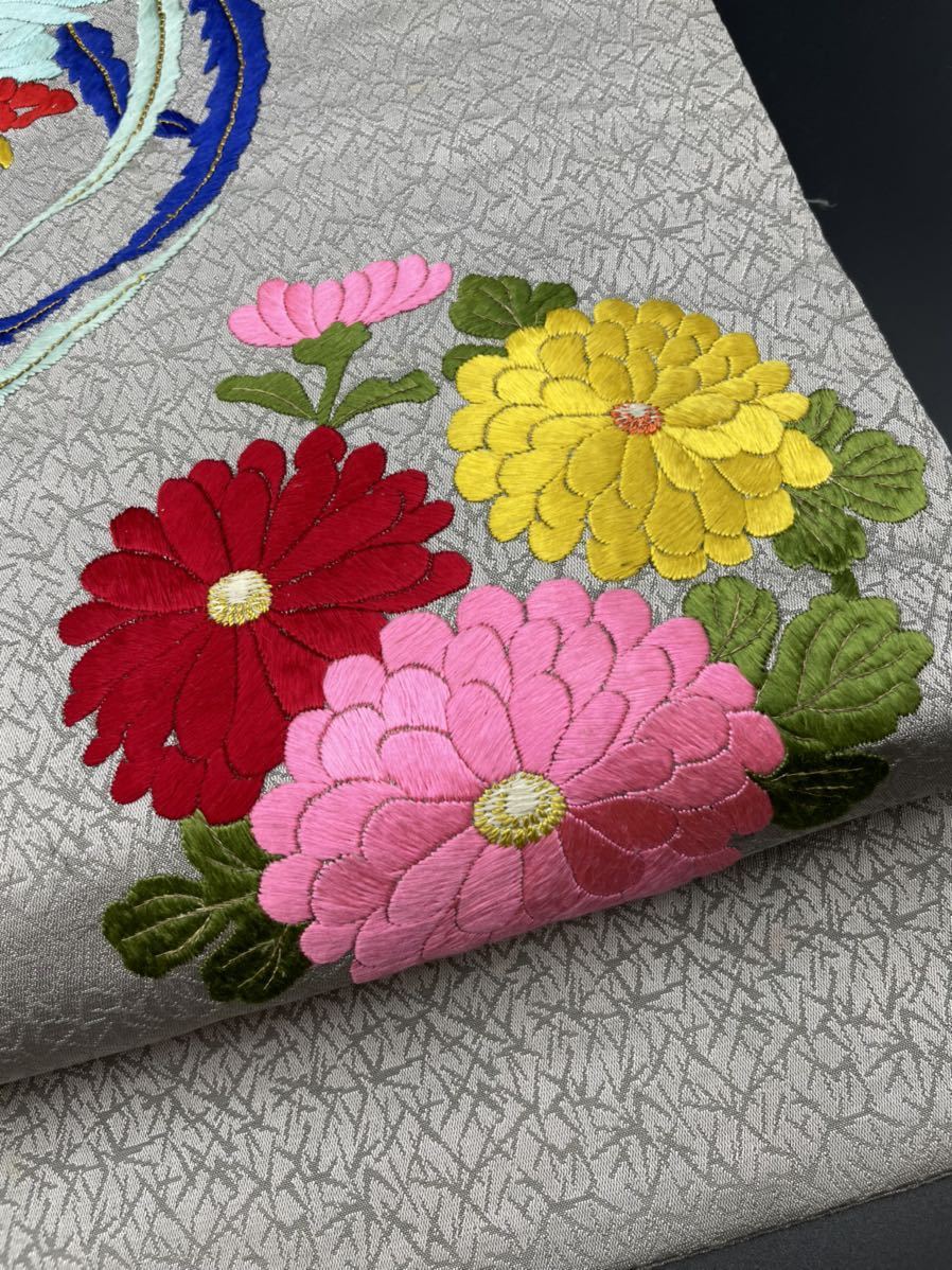 アンティーク着物◇手刺繍 菊に鳳凰 シルバーグレー 大正ロマン 日本