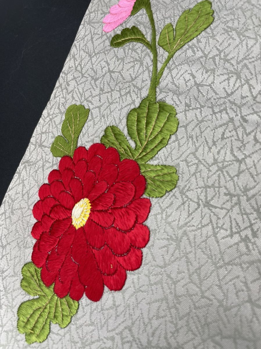 アンティーク着物◇手刺繍 菊に鳳凰 シルバーグレー 大正ロマン 日本