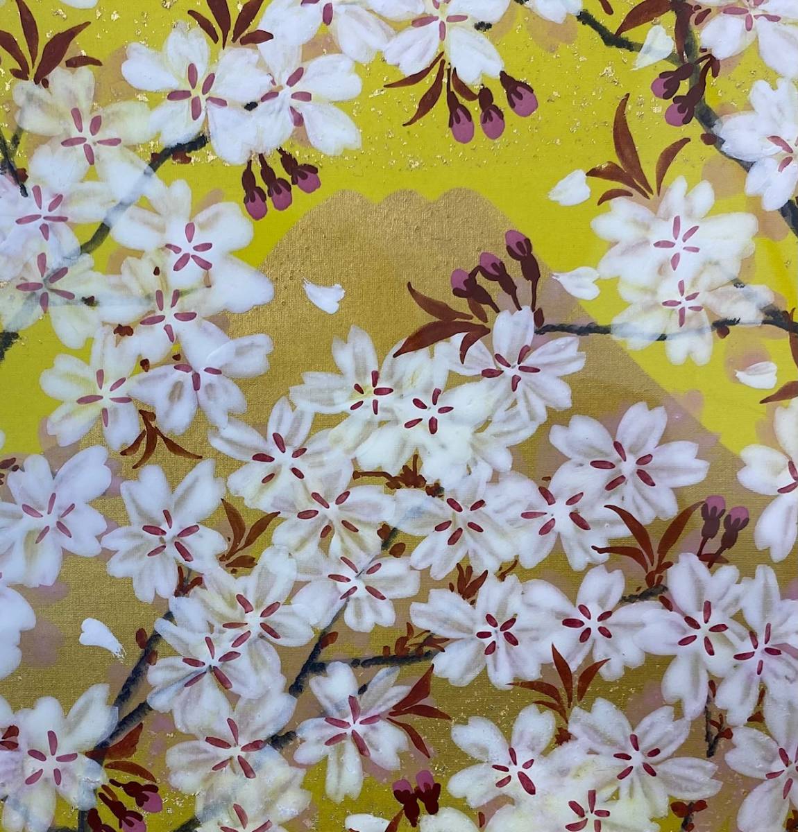 本物保証,低価 ◎美品 ◆あいはら友子作 『黄バックに金富士に満開桜』◆開運絵画/4号