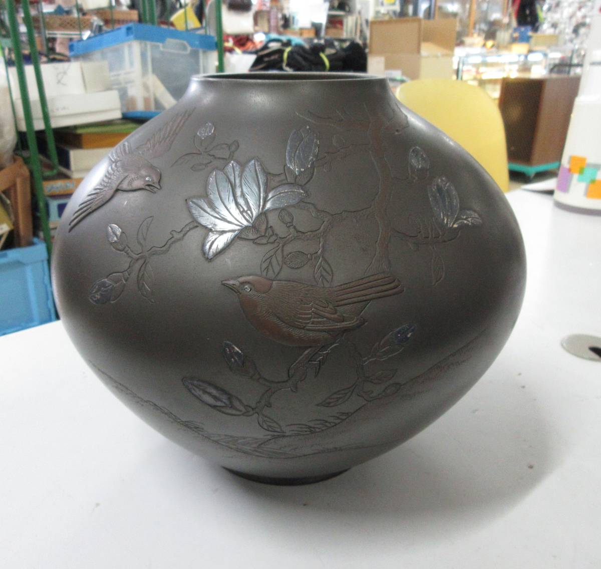 紫山 銅製 花入 花器 花生 花瓶 壷 鳥絵 重量5219g 現状 本体のみ(花器)