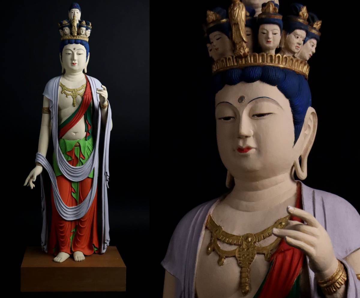 仏教美術 木彫彩色 十一面観音立像 72cm 時代古画玩 [A5と