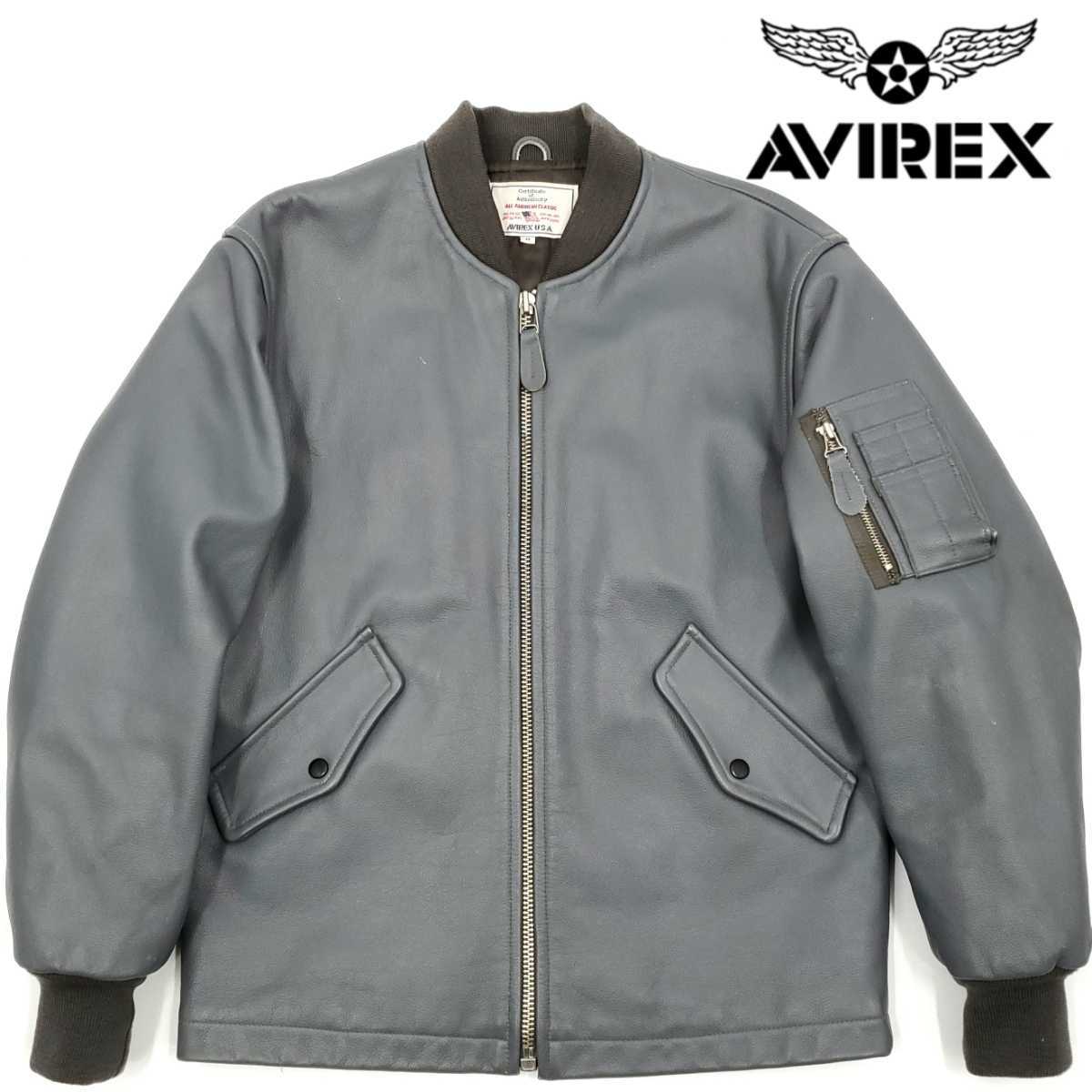 希少色グレー◇AVIREX◇レザーMA-1タイプスタジャンメンズM本革 