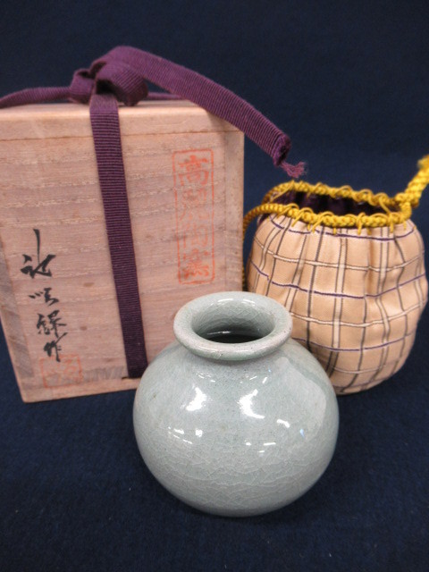 J8299【蓋欠】池順鐸「高麗 青磁 茶入」銘/箱書あり 仕覆/共