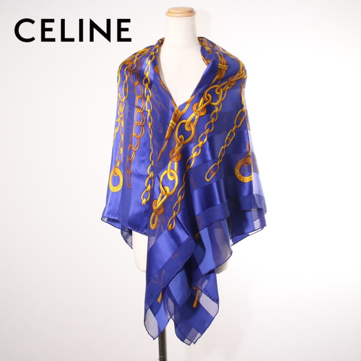 CELINE 大判ストール ネイビー/ゴールド 1円□CELINE□セリーヌ□スカーフ□ストール□大判□ブランド□チェーン
