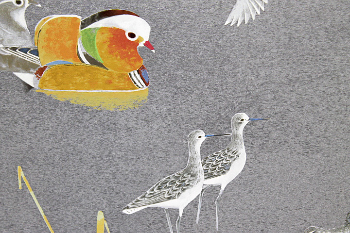 上村淳之「水辺の鳥・秋」シルクスクリーン　直筆サイン・落款・エディション有り □①上村淳之 【水辺の鳥（秋）】 シルクスクリーン 直筆サイン 印章