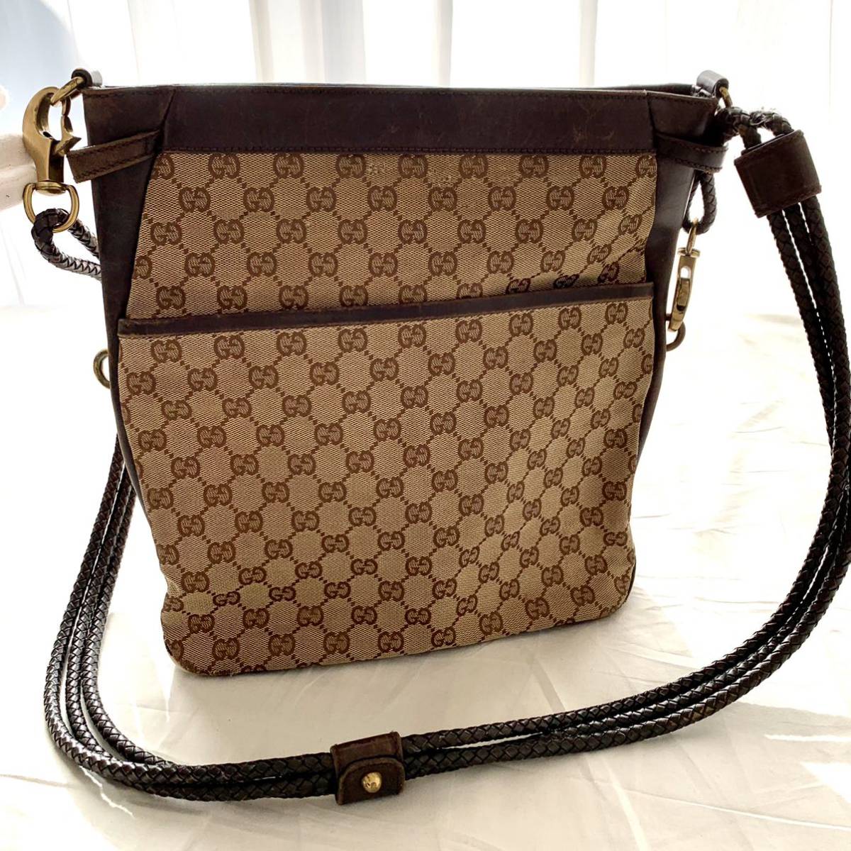 1円 GUCCI グッチ GGキャンバス レザー ブラウン ウエストバッグ 