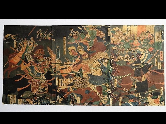 蔵出し/版画三枚綴り横絵 信州川中嶋大合戦 歌川芳虎 錦絵 時代(浮世絵 