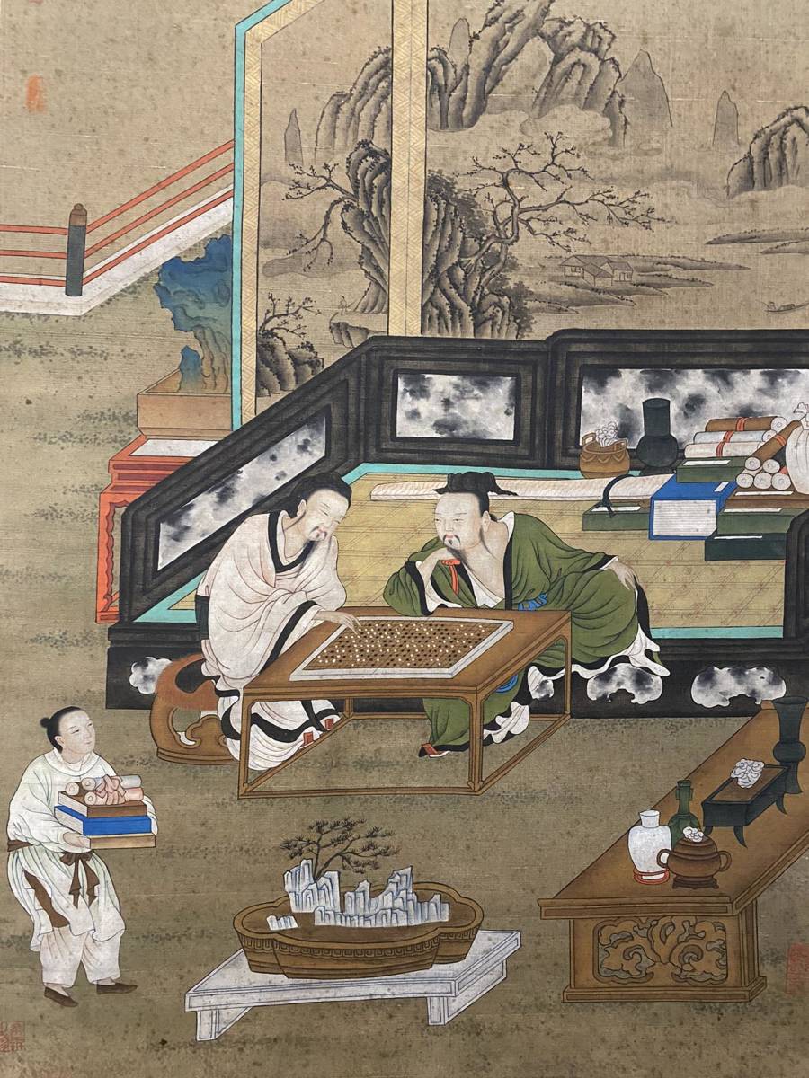 SH647 中国書画 掛け軸 唐時代の書画家 李思訓 「重屏奕棋図」 絹本