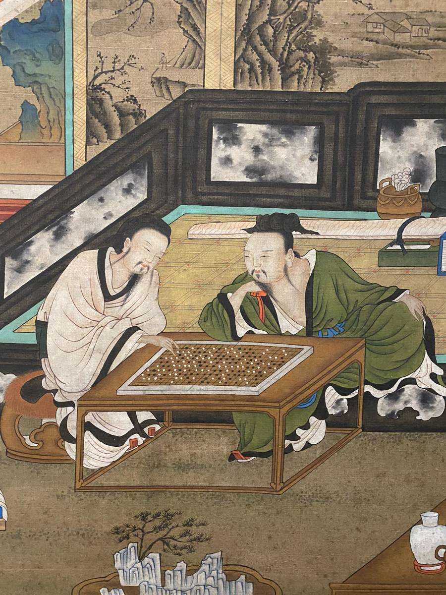 SH647 中国書画 掛け軸 唐時代の書画家 李思訓 「重屏奕棋図」 絹本