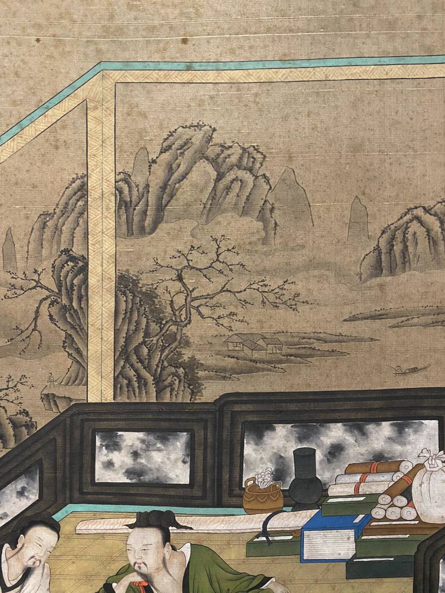 SH647 中国書画 掛け軸 唐時代の書画家 李思訓 「重屏奕棋図」 絹本