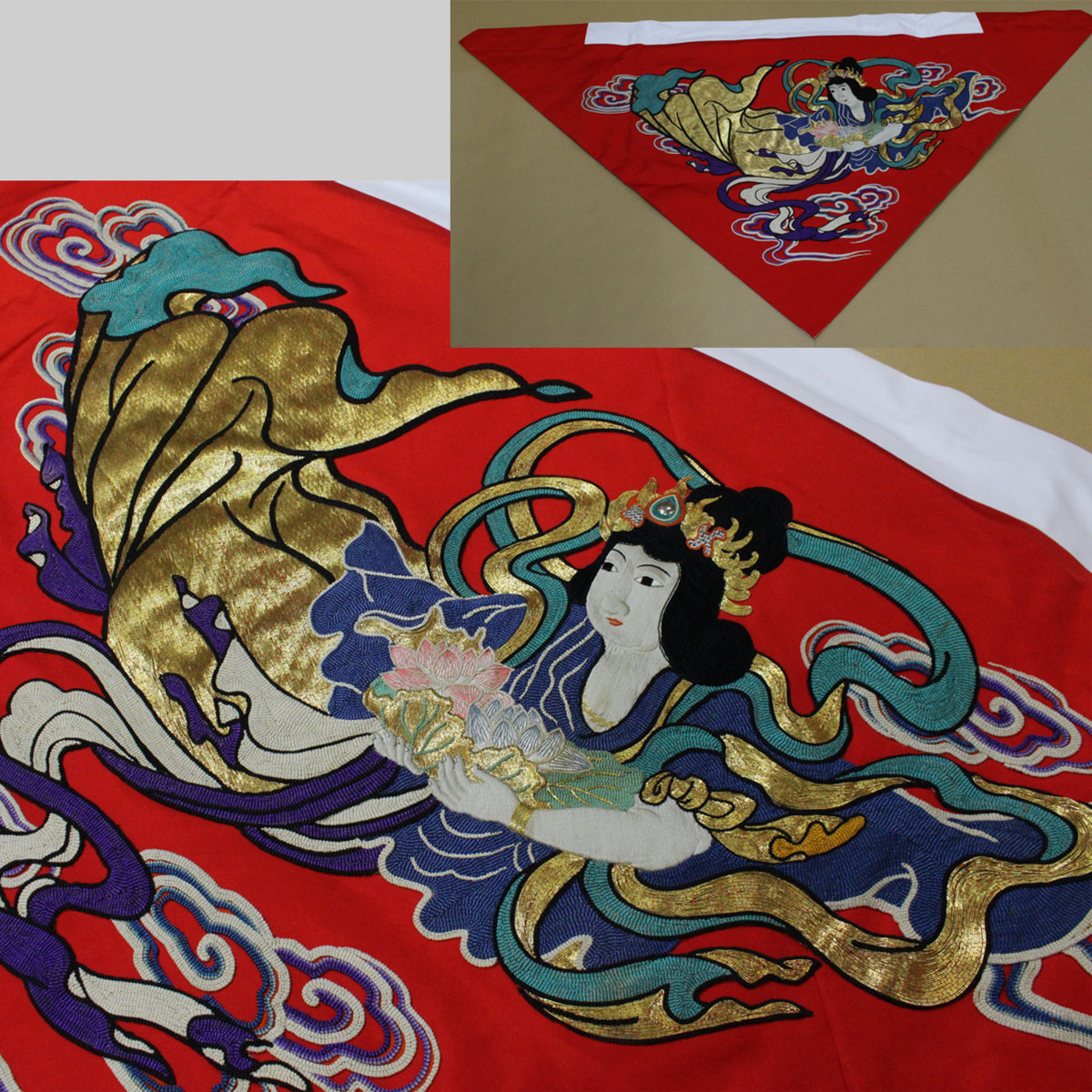時代市場■寺院引取品■赤地雲に天女文盛上刺繍打敷 総巾188cm■寺院仏具・本願寺・仏像・仏教美術