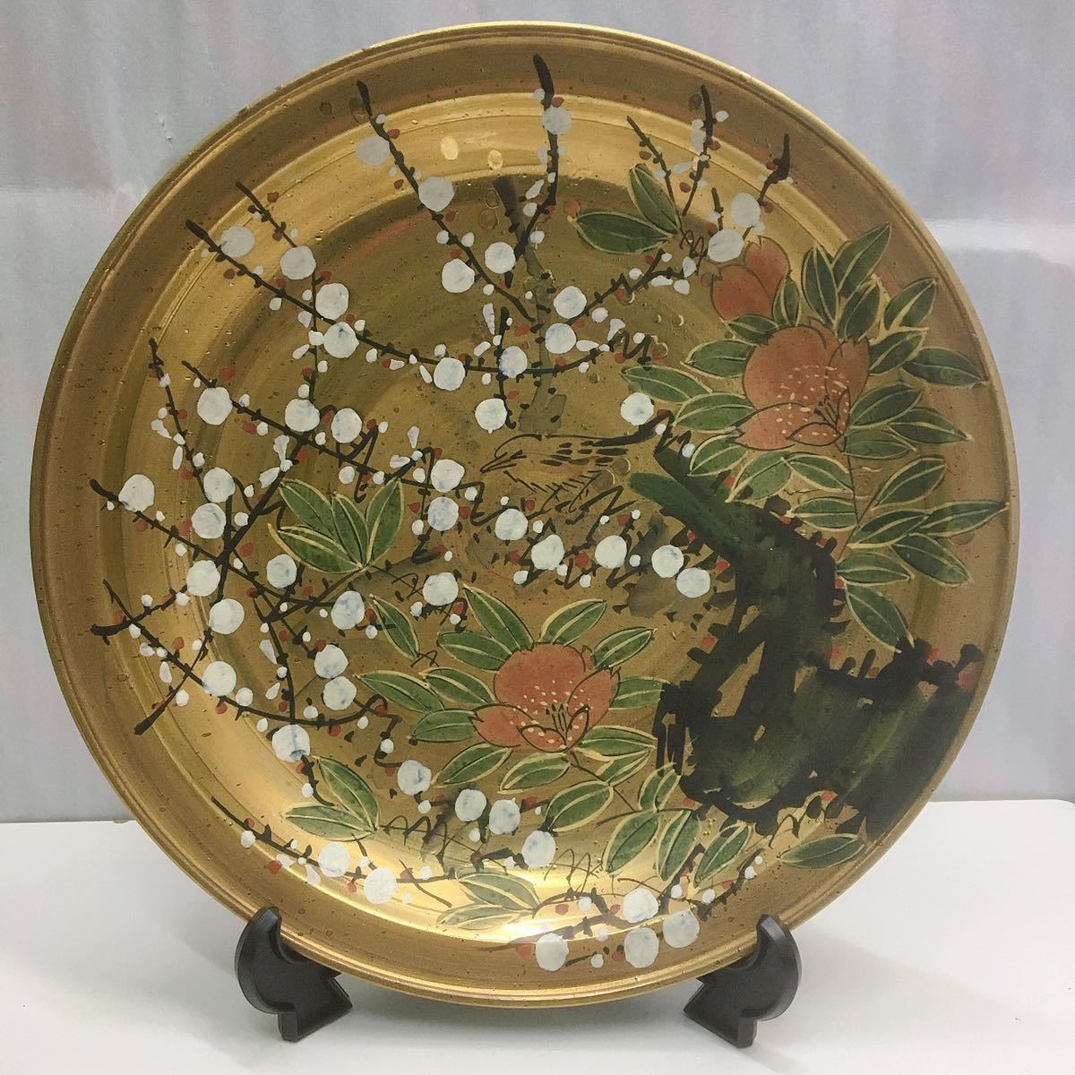 つばさ　飾皿　旭山　九谷焼　金色 九谷焼 飾皿 絵皿 九谷旭山作 金彩色絵 花鳥文様 時代物 G088G 旭山