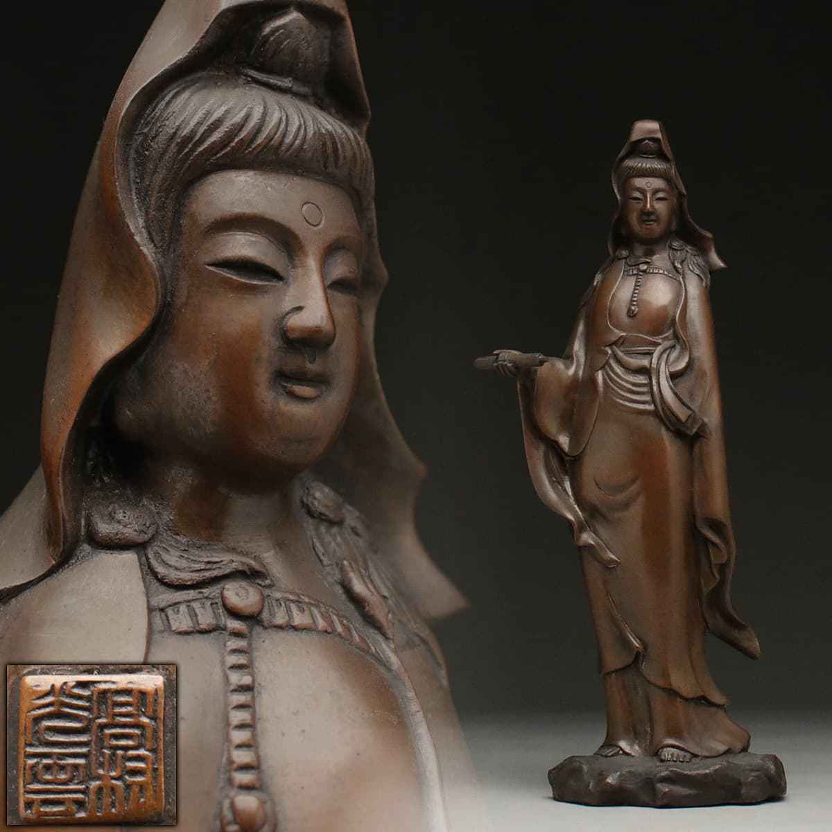 高村光雲作✤【聖観世菩薩像（ブロンズ）】高さ約40cm 白象半