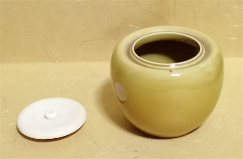 珉平焼 茶入 黄釉 賀集珉平 共箱 淡路焼 三彩 江戸 幕末 明治 骨董品