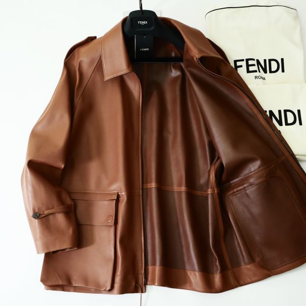 ○フェンディ○極上本革ラムレザー○着脱ポケットデザインレザーコート  
