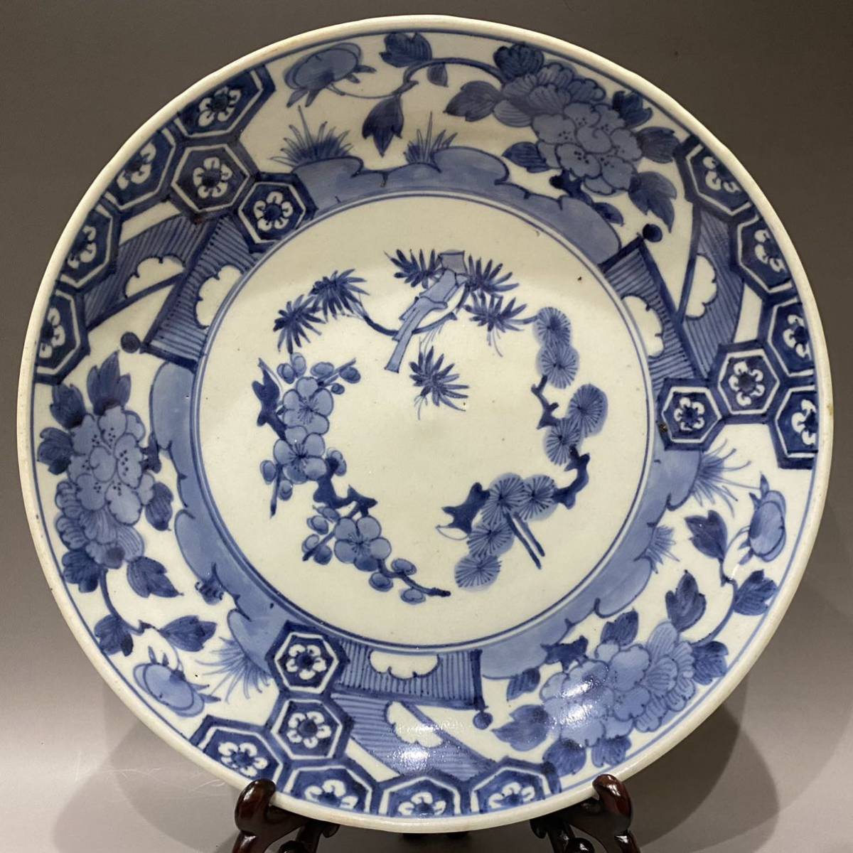 江戸中期 藍柿右衛門染付三友牡丹図大飾皿 約30.0cm(柿右衛門様式