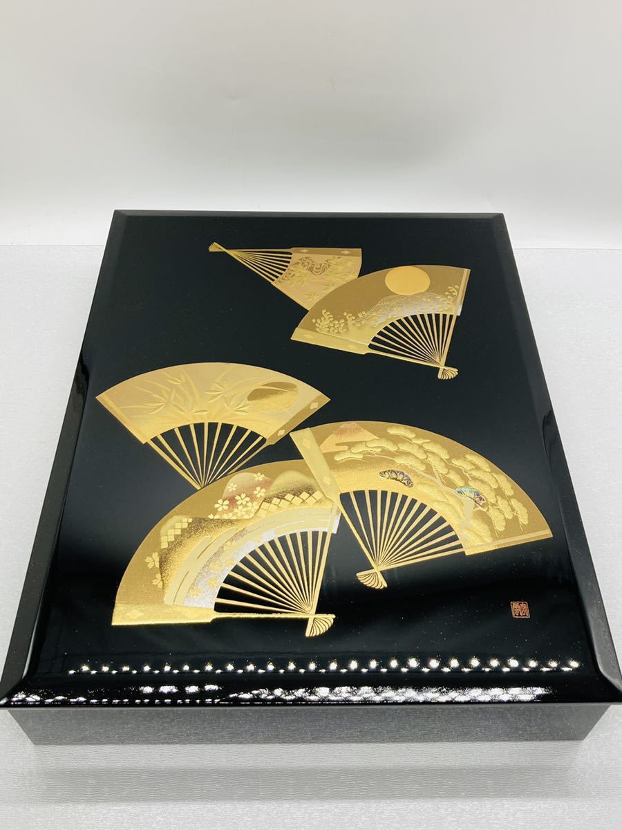 d40 必見 ! 大生謹製 会津漆器 黒塗手文庫 約 W27cm×H6cm×D33cm 会津塗