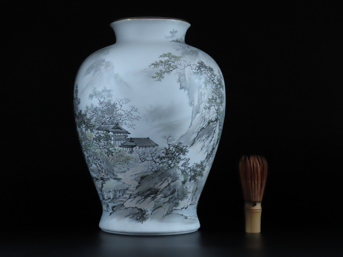 最上傑作 深川製磁 中国墨絵山水楼閣手造大花瓶 金武自然 作 高31.5cm