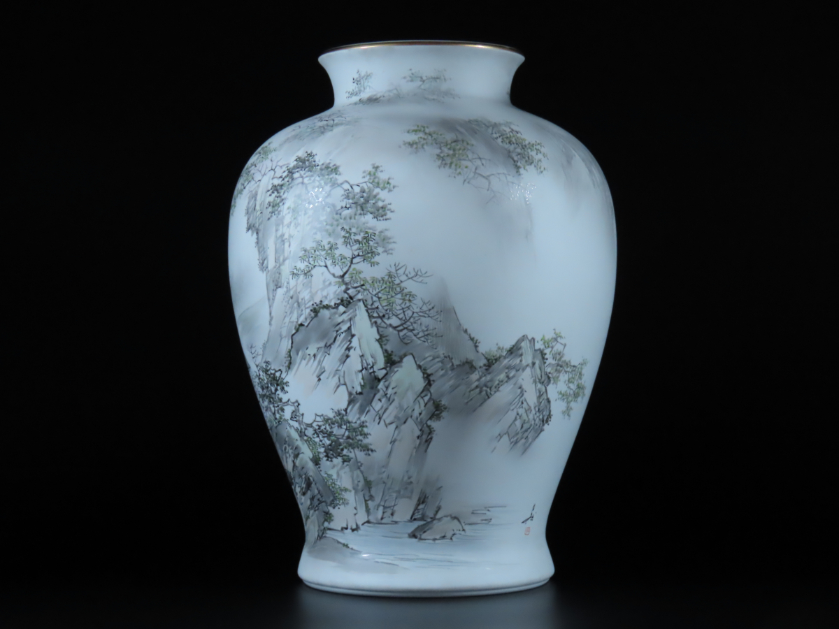 最上傑作 深川製磁 中国墨絵山水楼閣手造大花瓶 金武自然 作 高 最上傑作 深川製磁 中国墨絵山水楼閣手造大花瓶 金武自然 作 高