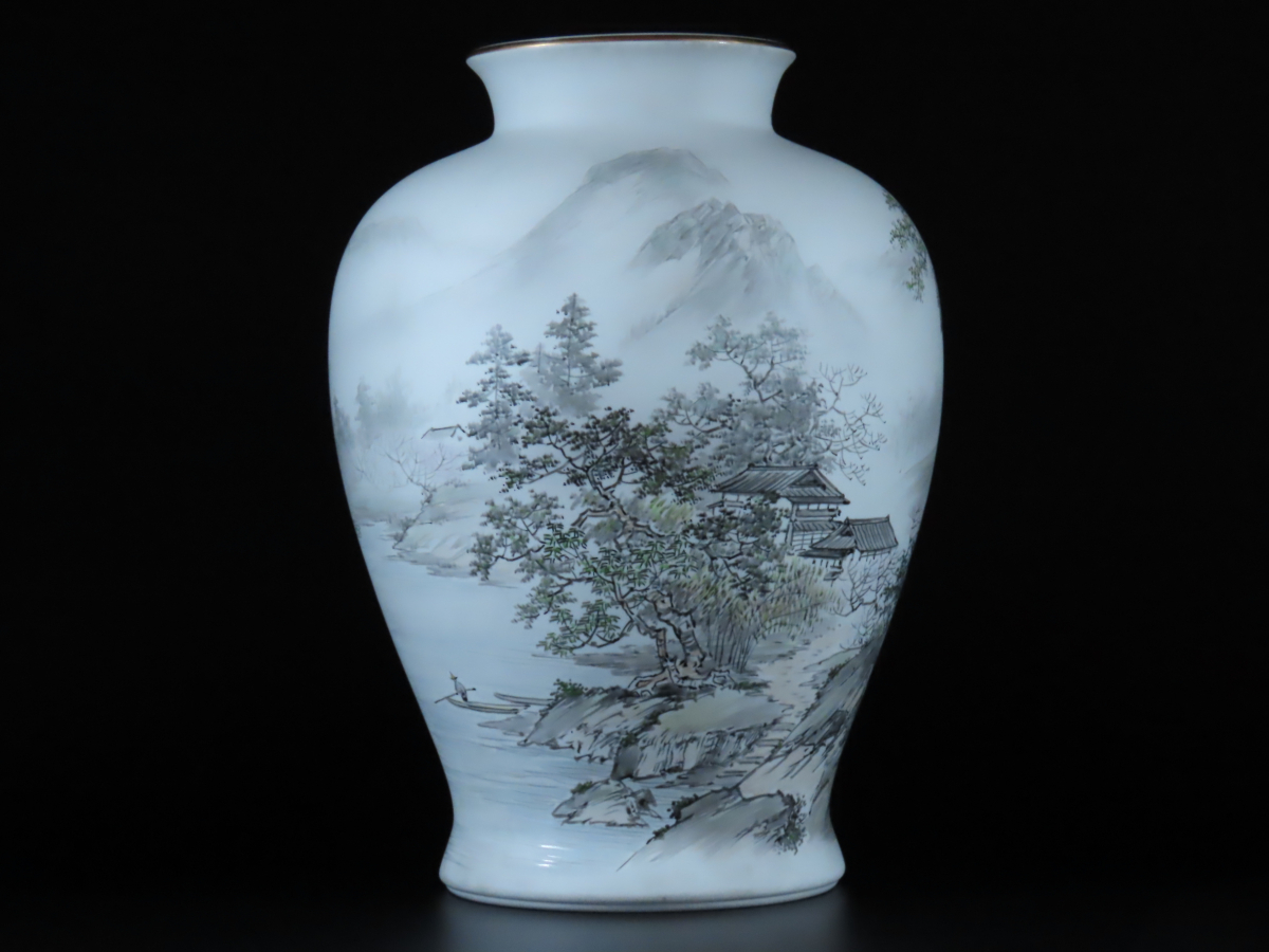最上傑作 深川製磁 中国墨絵山水楼閣手造大花瓶 金武自然 作 高31.5cm