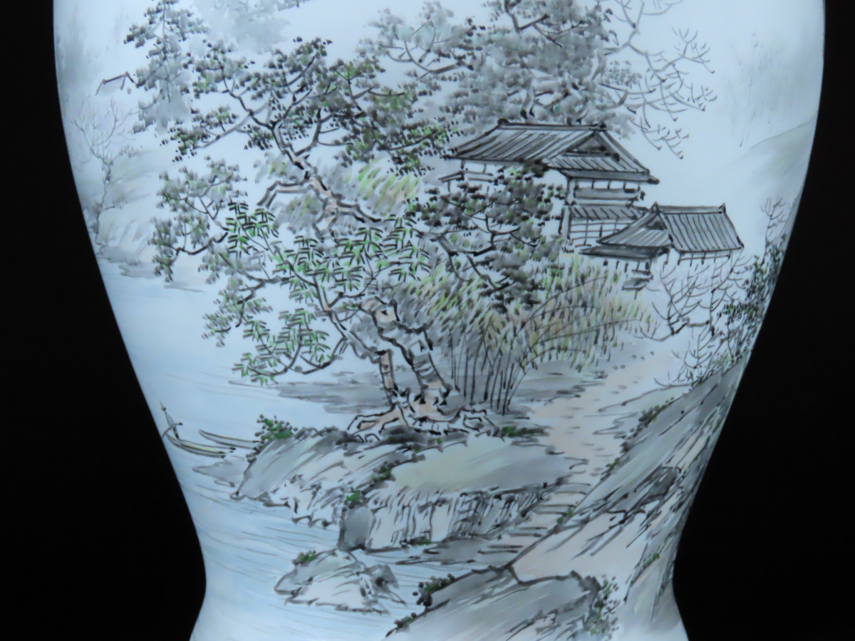 最上傑作 深川製磁 中国墨絵山水楼閣手造大花瓶 金武自然 作 高31.5cm