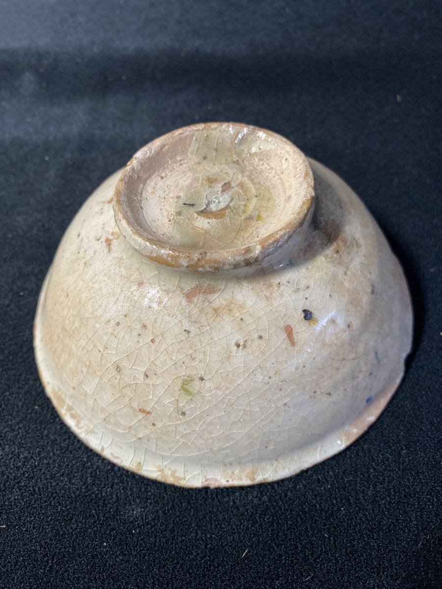 A767 ペルシャ古陶 古代波斯 青釉刻文黒線描 銀化鉢 発掘出土品（箱付