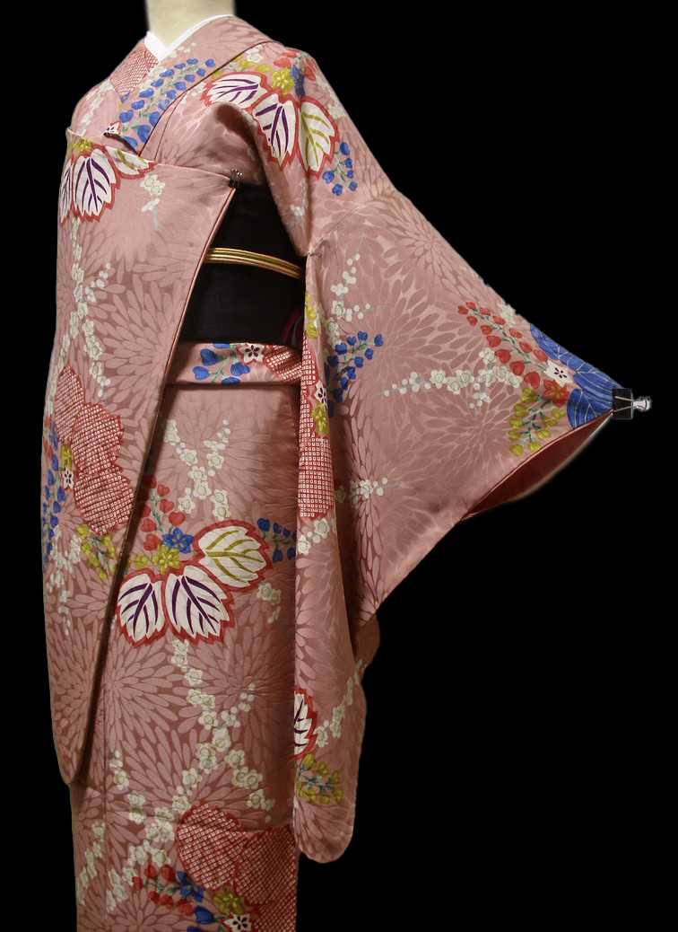 正絹 アンティーク 小紋　袷 / 桐に梅花 / 菊尽くしの地紋 / 袖丈66.5cm / 同梱可 / 着物のみの販売です