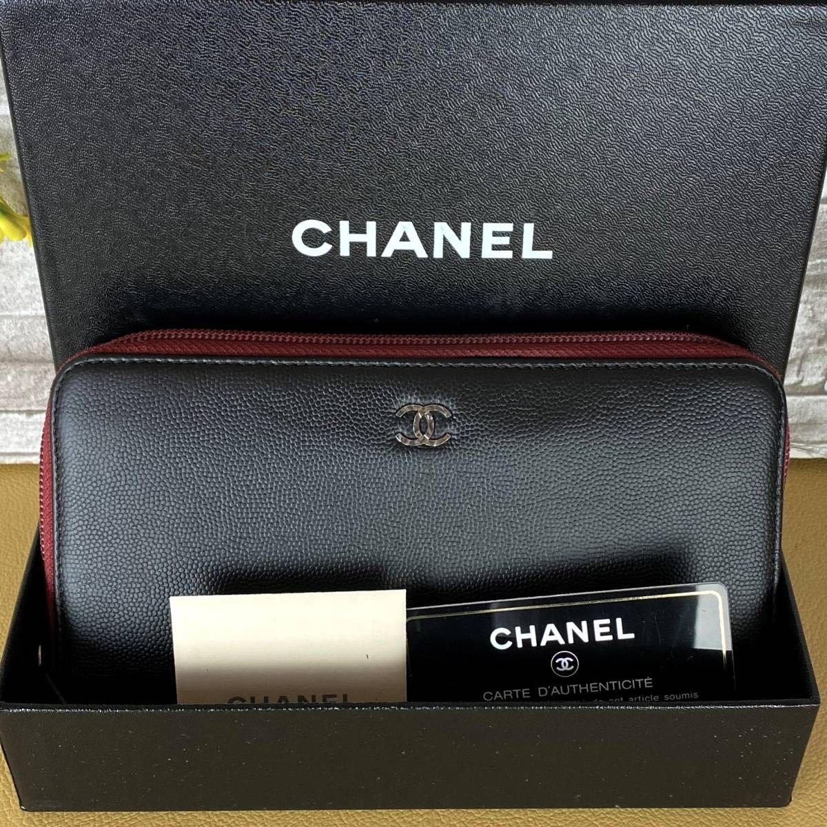 a117 CHANEL シャネル 1円☆美品☆ キャビアスキン ラウンドファスナー 