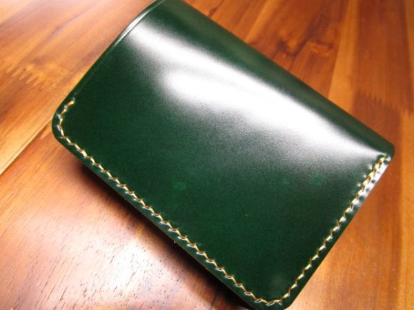 手縫い グリーン 三つ折り財布 ハンドメイド 3つ折りコンパクト財布
