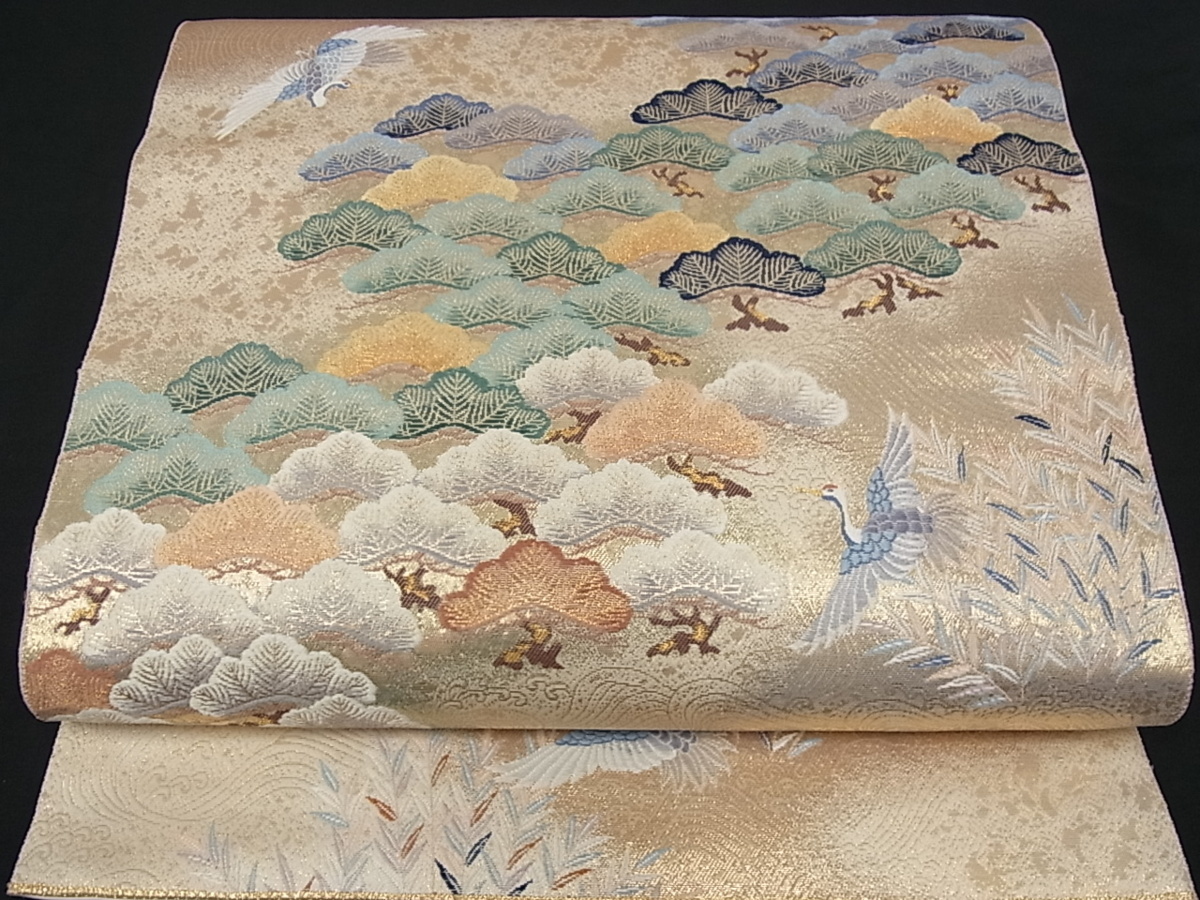 着物屋こころ□六通柄袋帯 唐織 寿松瑞鶴文 金糸 正絹