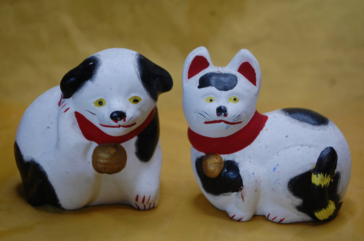 て46【6点セット】伏見人形 土人形 狐の馬乗り 座り猫 座り犬 立ち犬