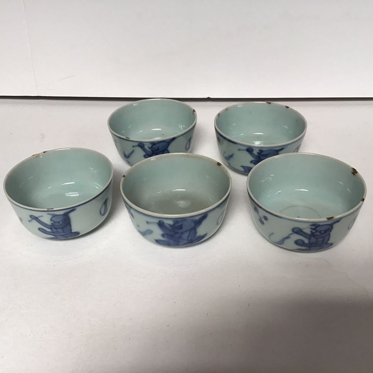古染付煎茶碗5客 鬼念仏？模様 /支那焼？/景徳鎮窯？/民窯？/虫喰い