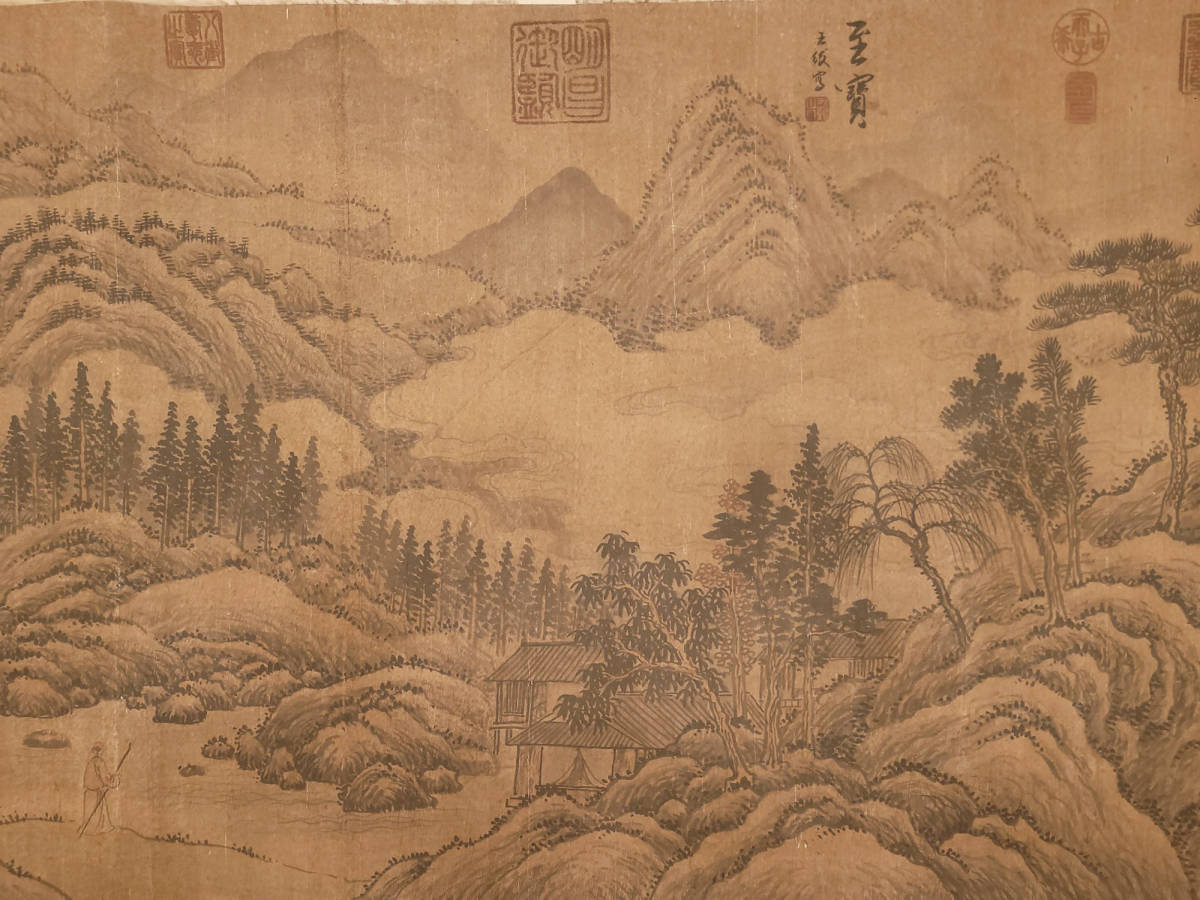 真作】中国書画 『東晋時代画家王羲之・山水図長巻』肉筆紙本・掛け軸