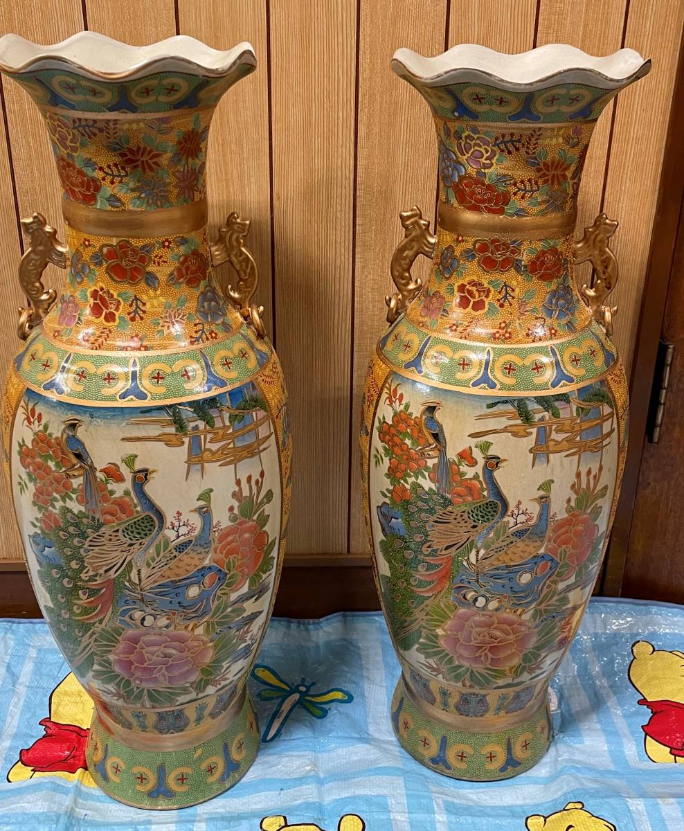 中国 花瓶 中国美術 中国景德鎮製 粉彩 金彩 孔雀図紋 古玩 唐物 当時 