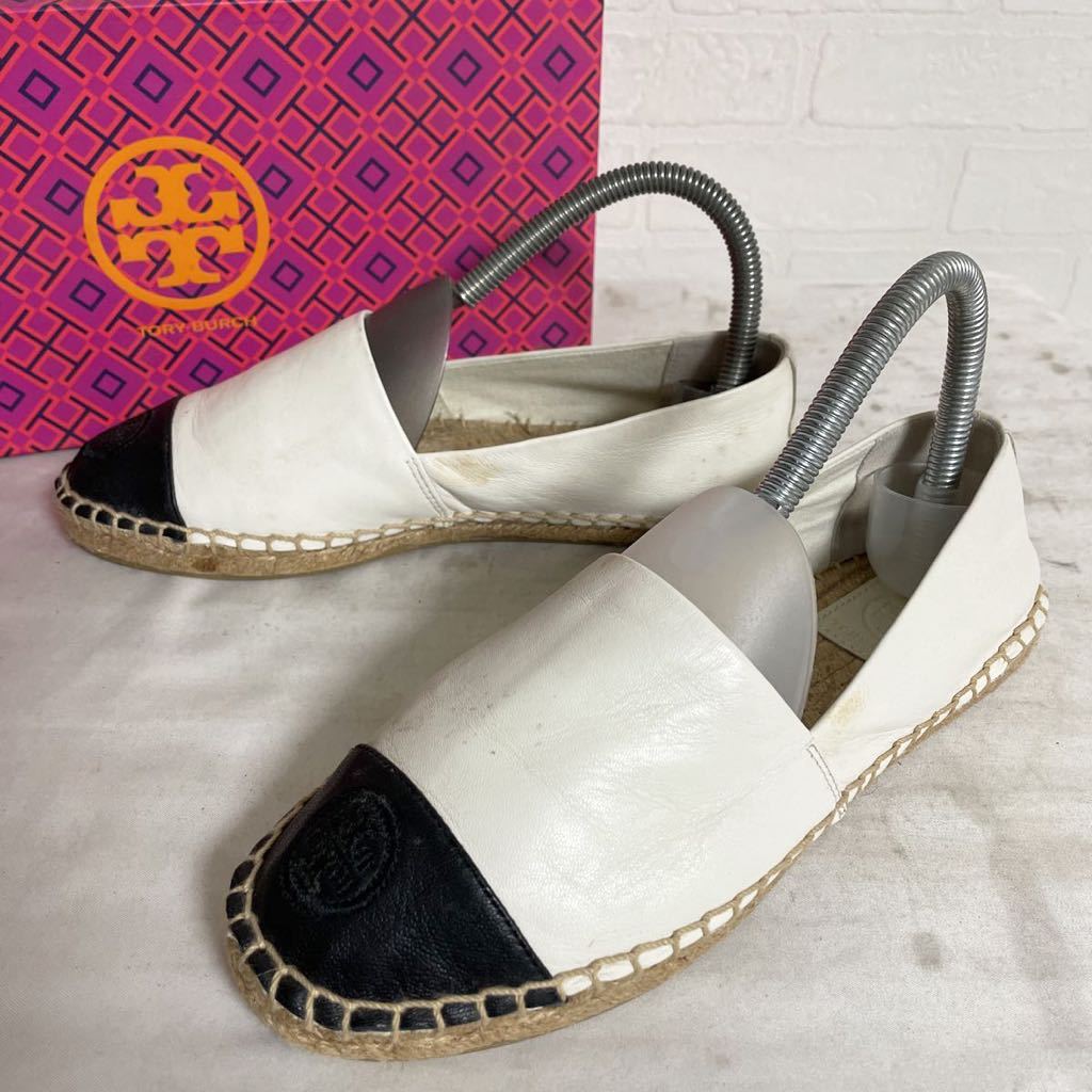 2594★ 箱付き TORY BURCH トリーバーチ エスパドリーユ スリッポン レザー 6 23ほど レディース ホワイト ブラック