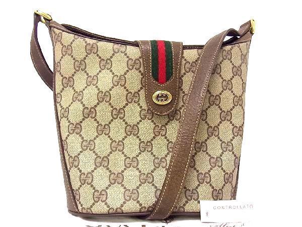 1円 ■美品■ GUCCI グッチ PVC×レザー ショルダーバッグ 肩掛け 斜め掛け レディース ベージュ系×ダークブラウン系 T6392Bh グッチ GUCCI PVC 1円～良品 233268・525040 GGプラス