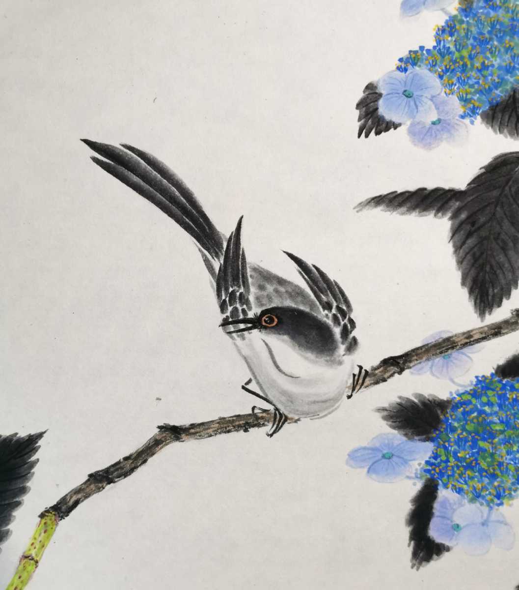 花鳥掛軸 日本 画 紫陽花 作品 門八 紫峯 あじさい小禽図 掛軸 紙本