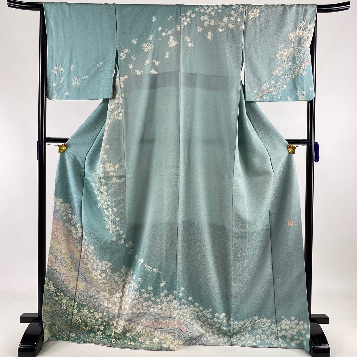 訪問着 美品 逸品 落款 滝泰 花 波 絞り 金銀糸 水色 袷 身丈 
