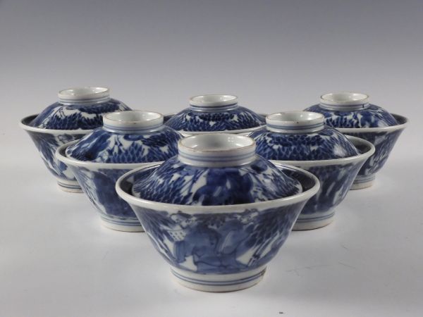 希少　古染付　染付　蓋茶碗4客　古伊万里　王地山焼　江戸時代　骨董 希少 古染付 染付 蓋茶碗4客 古伊万里 王地山焼 江戸時代 骨董 希少 古