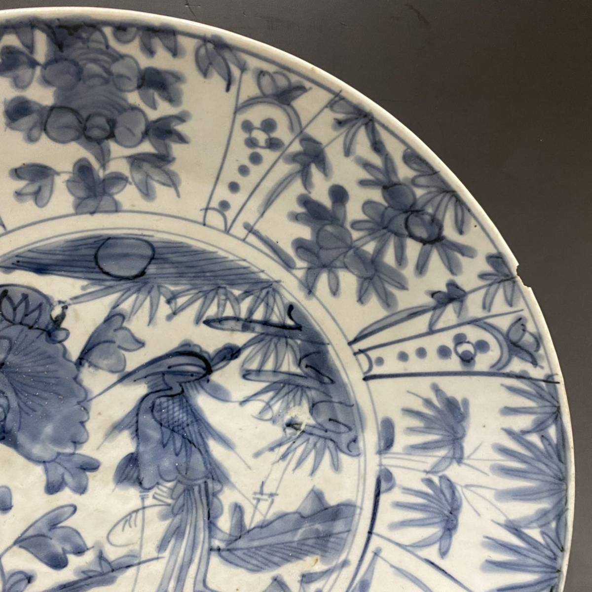 明末期　呉洲青花花鳥図大飾盤 中国美術 明代 呉洲青花花鳥紋盤 ＊明時代末期 呉洲赤絵皿＊明晩期伝世品 中国古美術