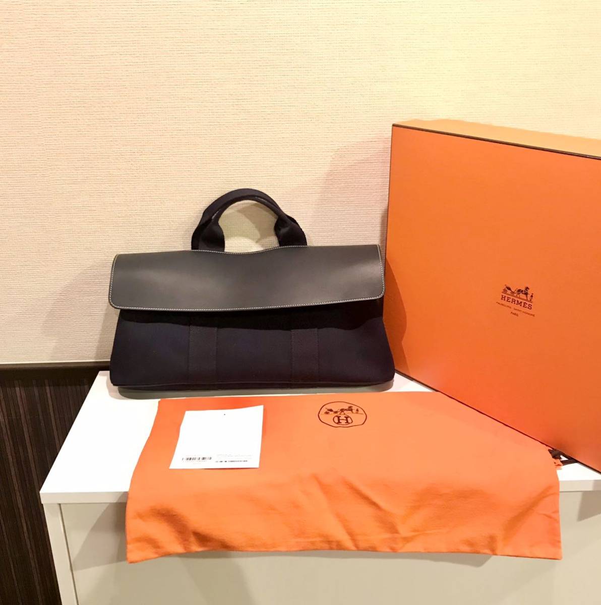 ☆即決希少☆エルメス HERMES ヴァルパライソ MMロング/ネイビー×白 