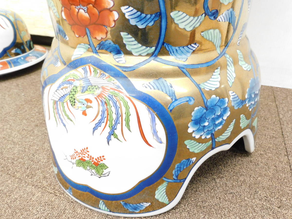 高級有田焼 金龍窯 博山作 特大 沈香壷120cm 飾壷染錦 御所車 花鳥文