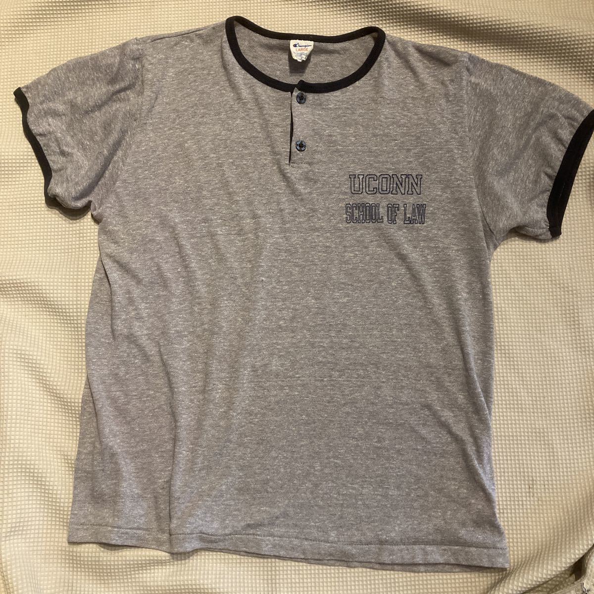 珍品1980年代チャンピオンヘンリーネックTシャツ 染み込みプリント