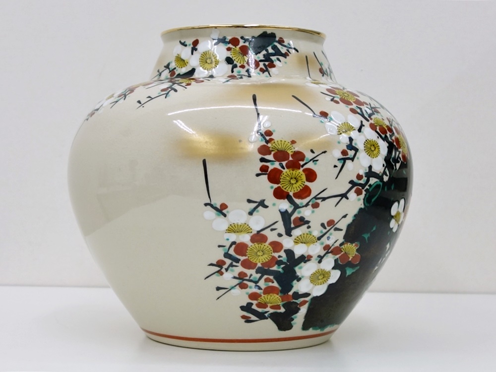 22-1629 九谷焼 峰仙 壺 梅 白梅 紅梅 花器 花瓶 峰仙作 本多峰仙 陶芸 