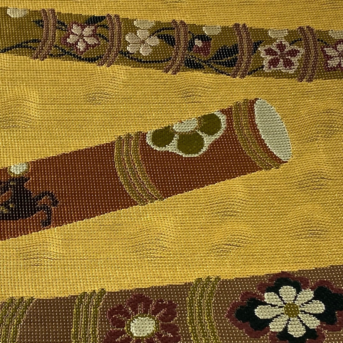 袋帯 美品 秀品 笛 花 箔 金糸 金色 六通 正絹 【中古】